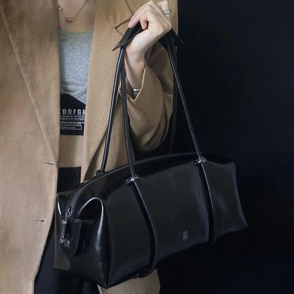 Women’s Vintage Boston PU Leather Handbag – Motorcycle Pillow Shoulder Bag, Large Capacity Chic Underarm Black Bag