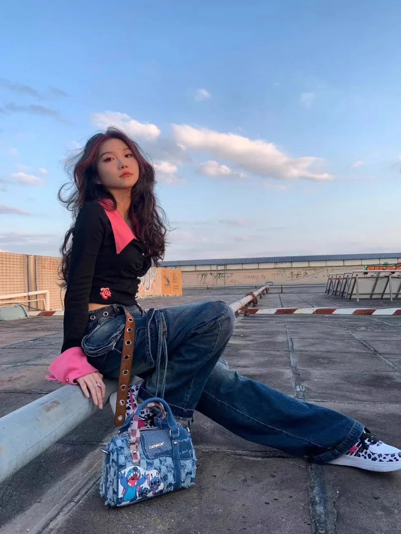 Disney Cartoon Stitch Denim Shoulder Bag – Hole-Spliced Crossbody & Portable Pillow Bag, Cute and Casual Design