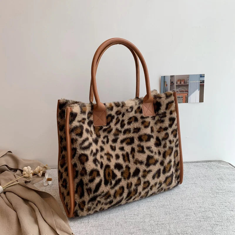 Women Soft Plush Winter Handbag Leopard & Cow Print PU Leather Furry Fluffy Tote Shoulder Bag