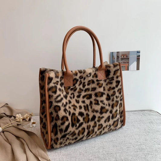 Women Soft Plush Winter Handbag Leopard & Cow Print PU Leather Furry Fluffy Tote Shoulder Bag