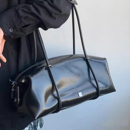 Women’s Vintage Boston PU Leather Handbag – Motorcycle Pillow Shoulder Bag, Large Capacity Chic Underarm Black Bag