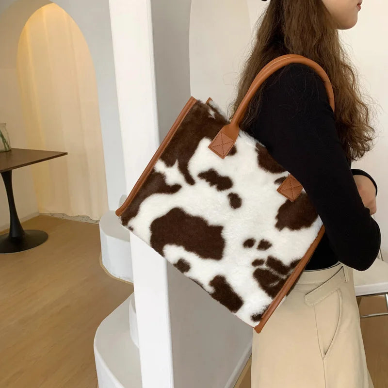 Women Soft Plush Winter Handbag Leopard & Cow Print PU Leather Furry Fluffy Tote Shoulder Bag