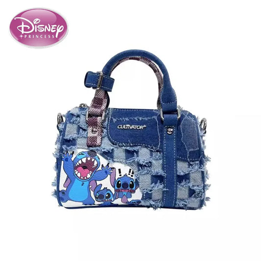 Disney Cartoon Stitch Denim Shoulder Bag – Hole-Spliced Crossbody & Portable Pillow Bag, Cute and Casual Design