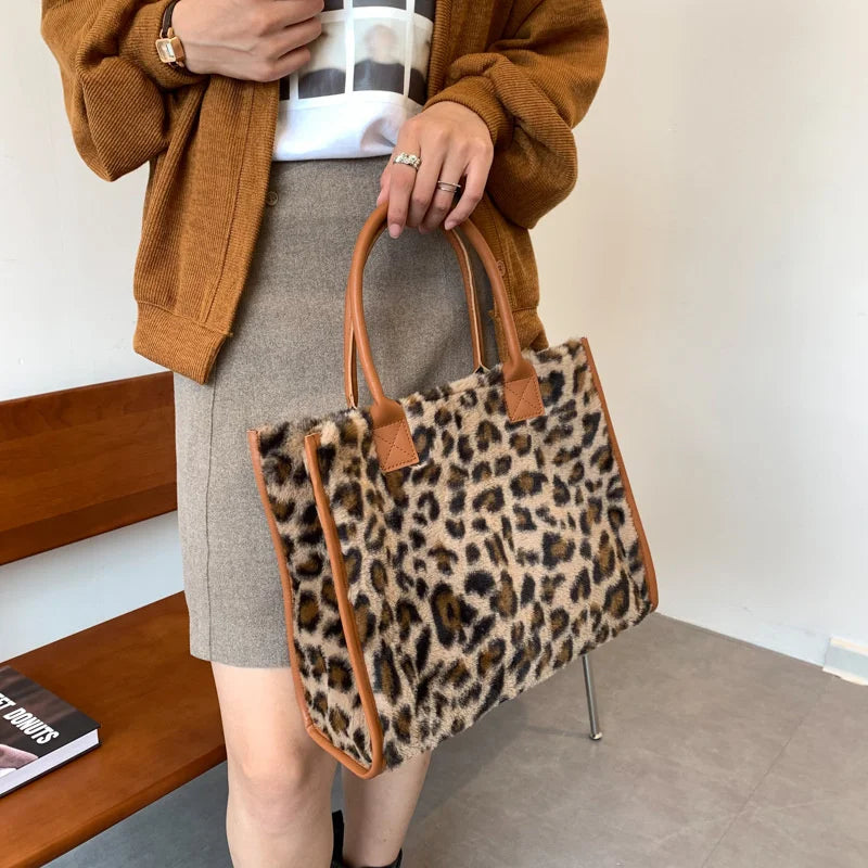 Women Soft Plush Winter Handbag Leopard & Cow Print PU Leather Furry Fluffy Tote Shoulder Bag