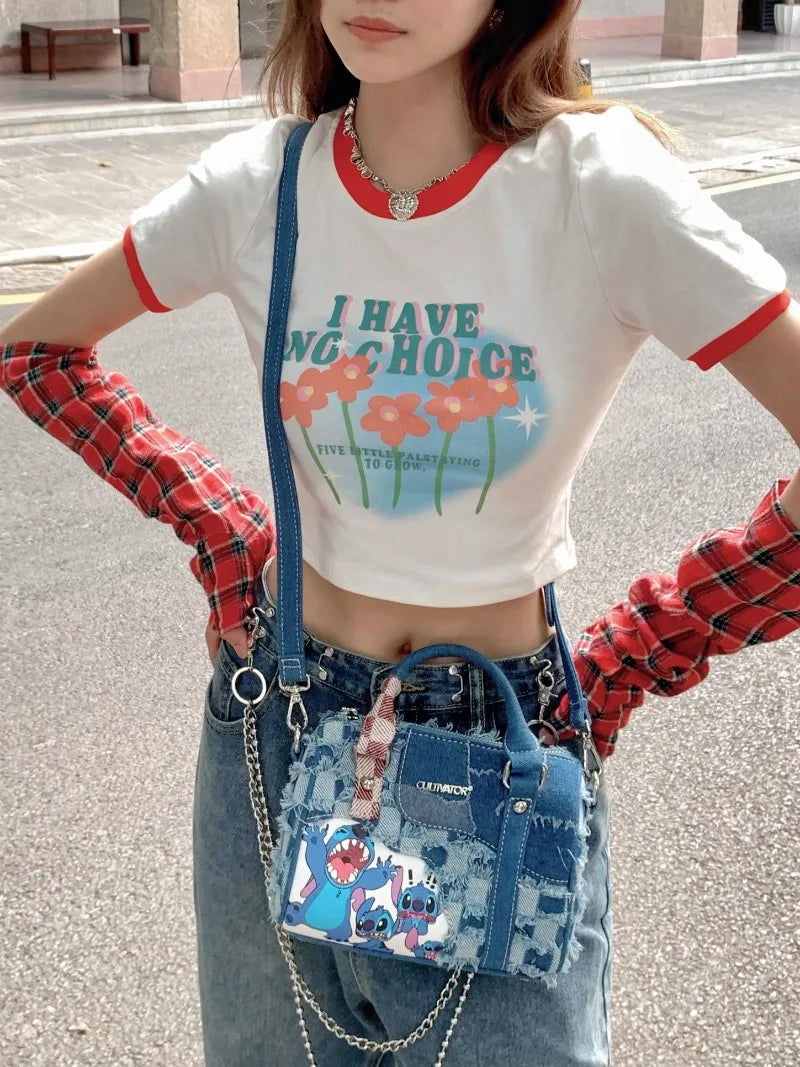 Disney Cartoon Stitch Denim Shoulder Bag – Hole-Spliced Crossbody & Portable Pillow Bag, Cute and Casual Design